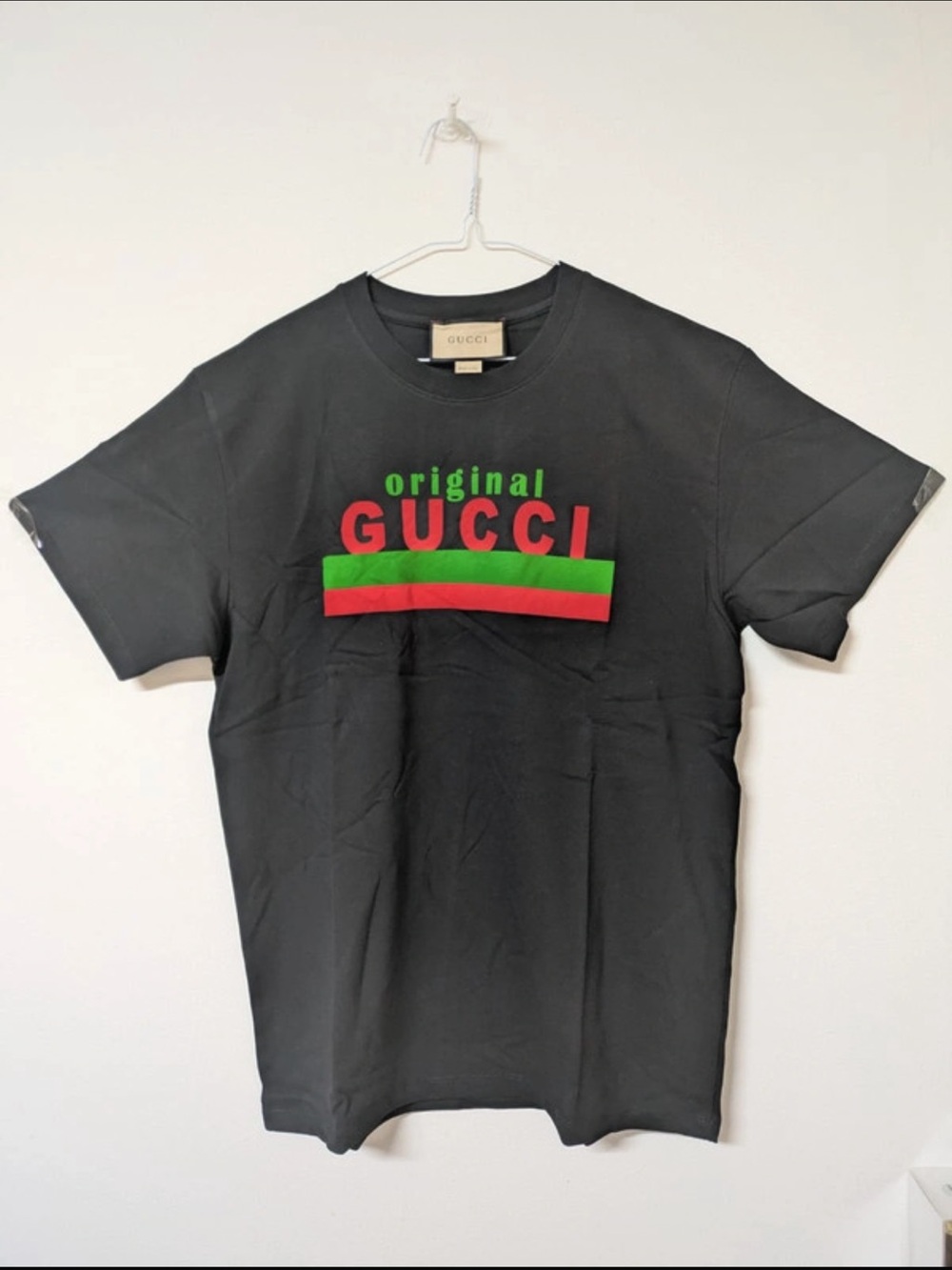 Gucci Black Tee with Red Logo and Green Stripe